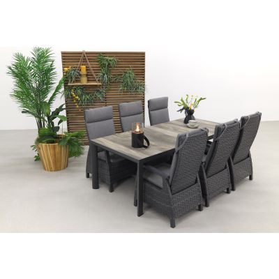 Wicker verstelbare tuinset Darwin/Kings antraciet - 220x100 cm. Keramiek tafelblad