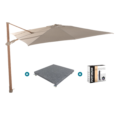 4-Seasons zweefparasol Siesta Premium 300 x 300 - Woodlook/Sand met voet en hoes