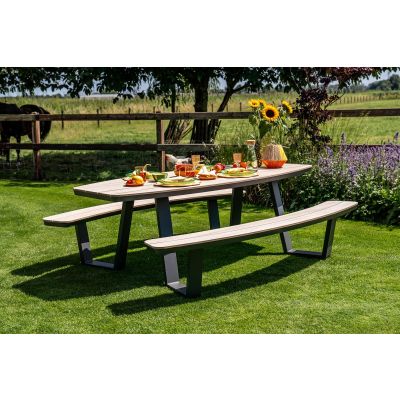 GI Bell (8-persoons) picknicktafel ovaal 220x192cm. - Carbon black/Light Teak look