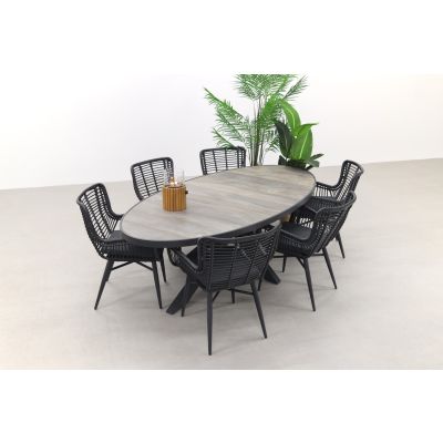 Jasmine Black/Silva houtlook 240x115 cm. ovale tuinset - 7-delig