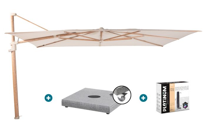 4 Seasons Finca zweefparasol 4x3 m - Zand/Houtlook met Finca voet en hoes