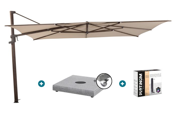 4 Seasons Finca zweefparasol 4x3 m - Zand/ Donkere houtlook met Finca voet en hoes