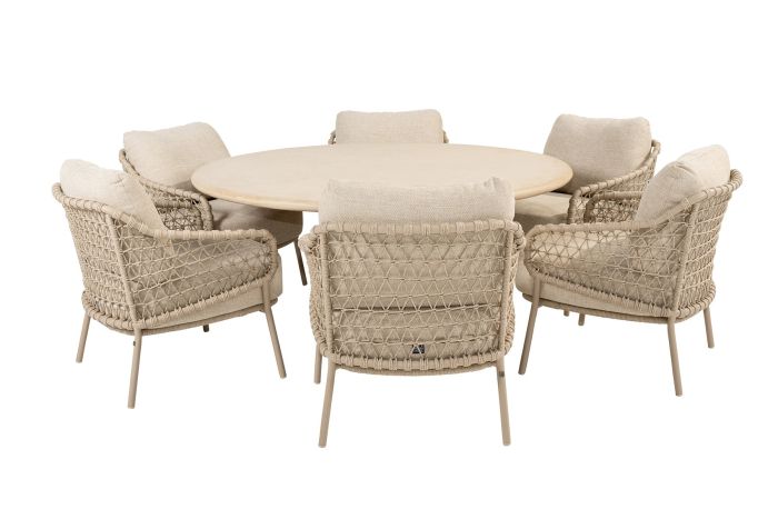 4SO Sardinia/Hampton 6-persoons ronde low dining tuinset Ø160 cm. - Latte/Mortex