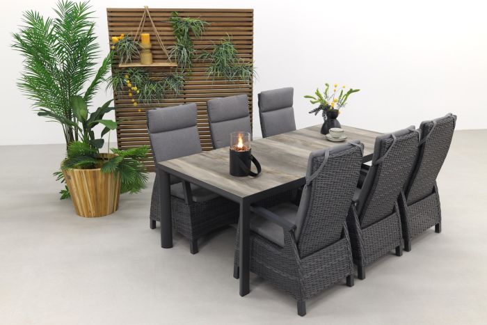 Wicker verstelbare tuinset Darwin/Kings antraciet - 220x100 cm. Keramiek tafelblad