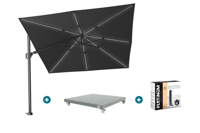 Platinum Challenger Zweefparasol T2 Premium Glow 3x3 m. - Faded Black met voet en hoes