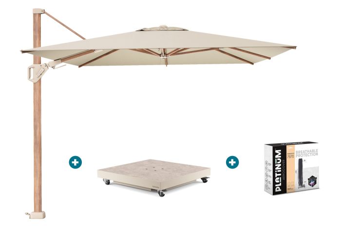 Platinum Challenger parasol Premium T2 3,5x2,6 m. - Champagne Teak - met vulbare parasolvoet en hoes