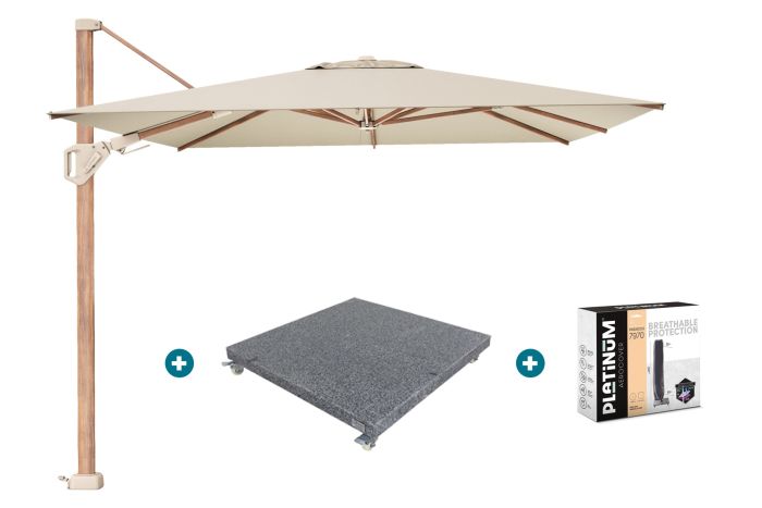 Platinum Challenger parasol Premium T2 3,5x2,6 m. - Champagne Teak - met verrijdbare parasolvoet en hoes