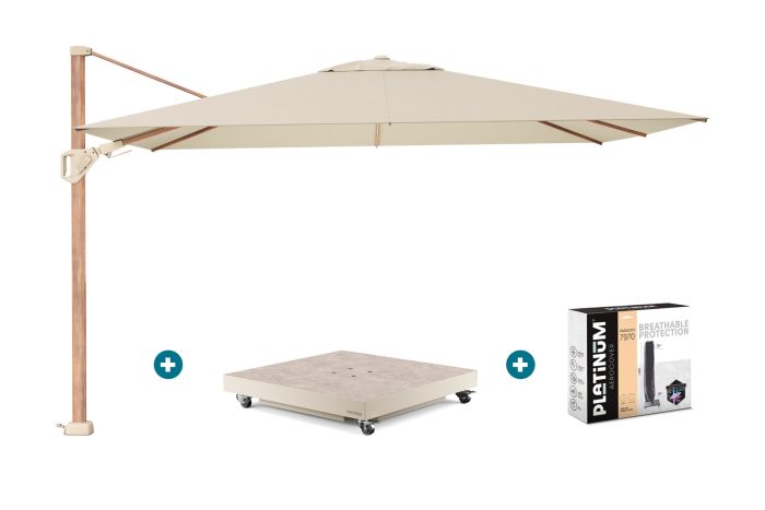 Platinum Challenger parasol Premium T2 2,6x3,5 m. - Champagne Teak - met vulbare parasolvoet en hoes