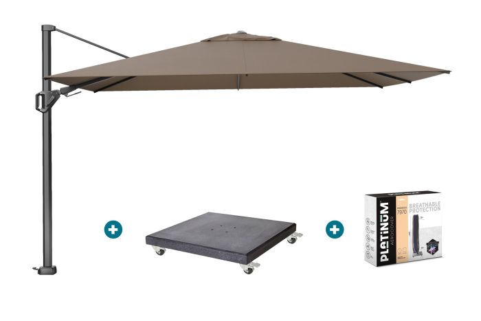 Platinum Challenger zweefparasol Premium T2 2,6x3,5 m - Havana Taupe met Modena voet en hoes