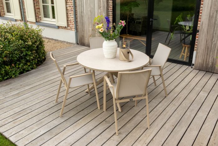 Atmos/Dublin ronde stapelbare tuinset 120 cm. (5-delig) - Latte