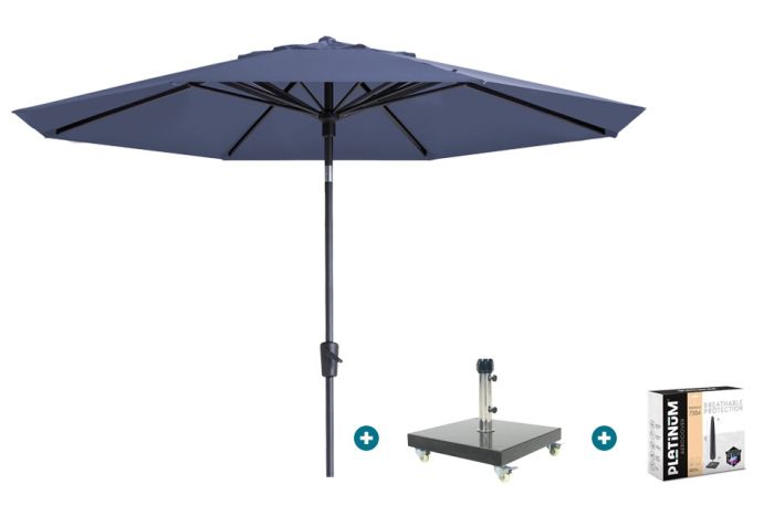 Madison Paros 2 Luxe stokparasol 3 m. rond - Safier blue met Granada voet en hoes