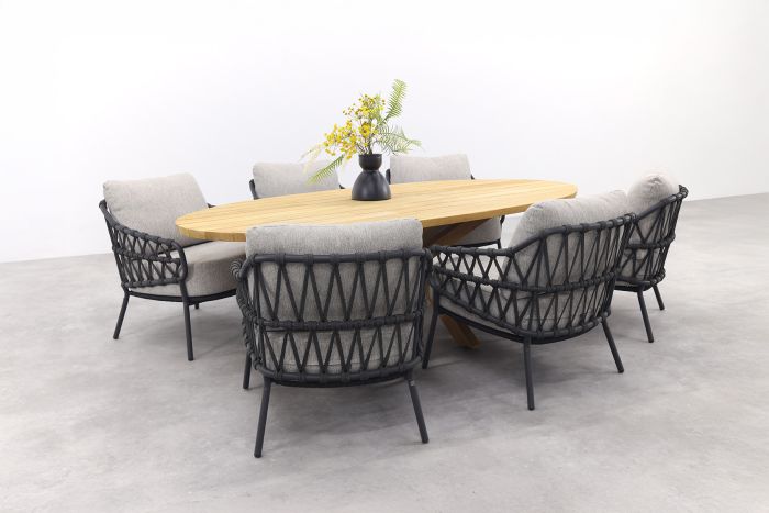 4SO Calpi/Prado low dining tuinset 240x115 cm. (7-delig) - Antraciet/Teak